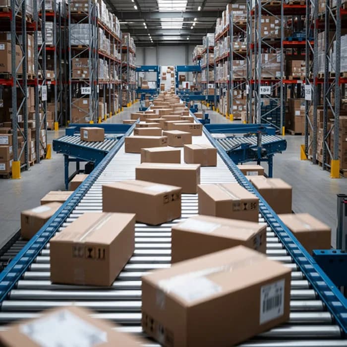 Cartons moving along a conveyor in a fulfillment warehouse