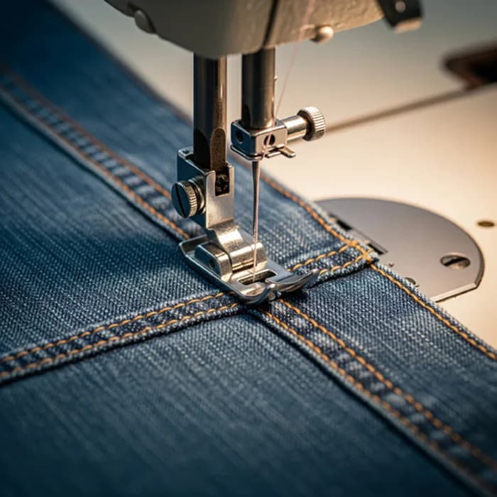 A sewing machine topstitching a denim seam