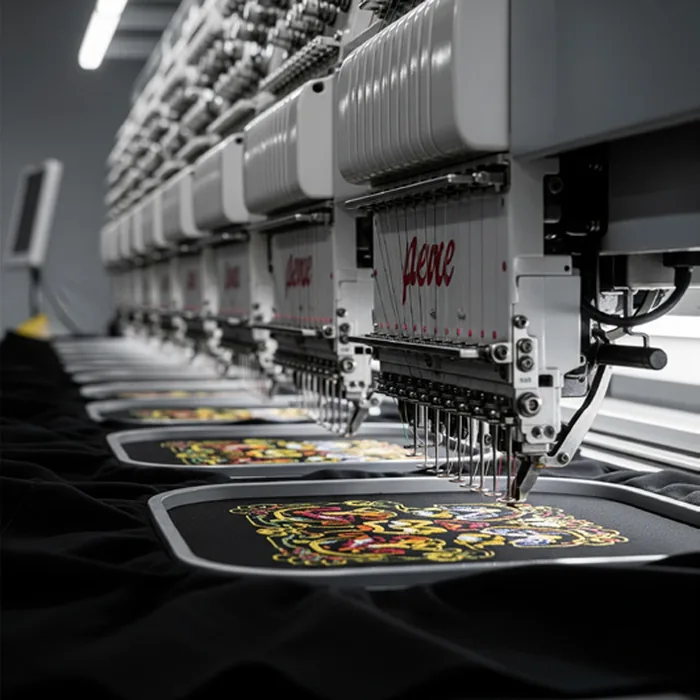 A multi-head embroidery machine stitching artwork onto black tees